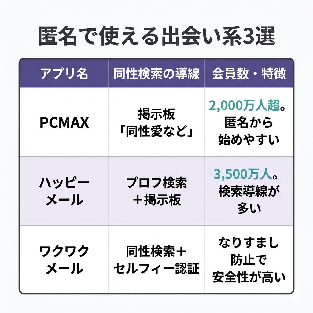 比較表：匿名利用できる出会い系アプリ3社の特徴・機能比較