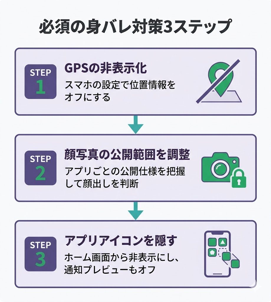 フローチャート：必須の身バレ対策3ステップ（GPS、顔写真、アイコン）