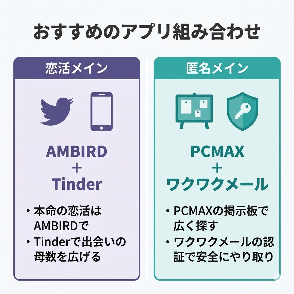 対比図：ゲイ向けマッチングアプリおすすめの組み合わせ2パターン（恋活・匿名）